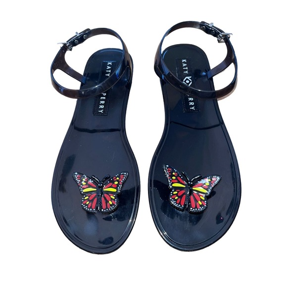 Katy Perry Black Geli Sandals With Yellow And Orange butterflies Size 10.5 - Picture 1 of 5